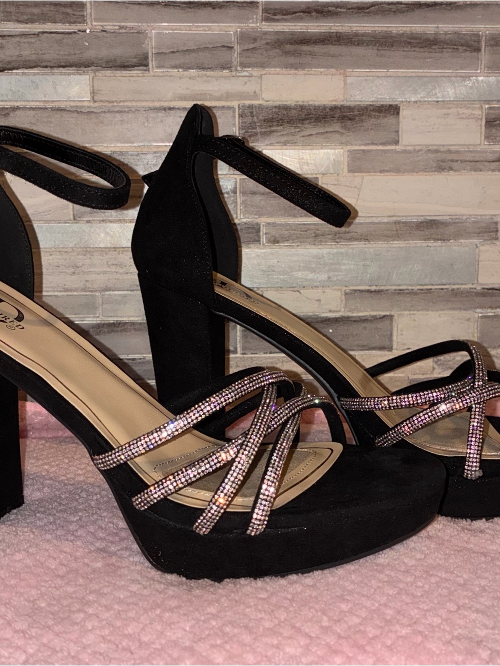Black Platform Block Heel Sandals with Pink Rhinestone Straps